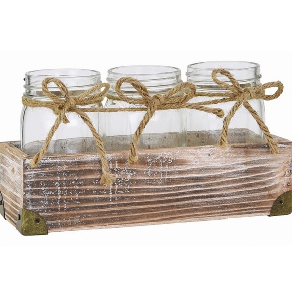 Other - Whitewash Wood Container w/ 3 Glass Vases